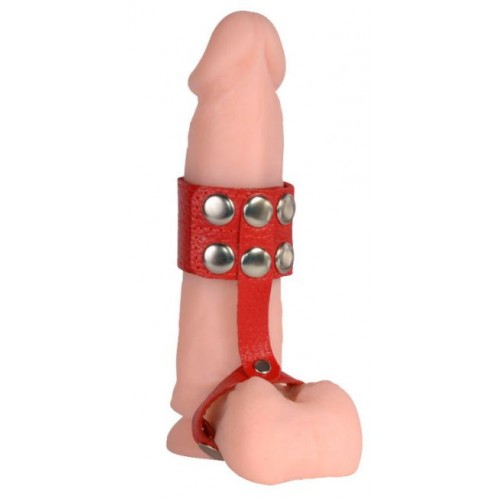 Красный кожаный поводок на пенис с кнопками